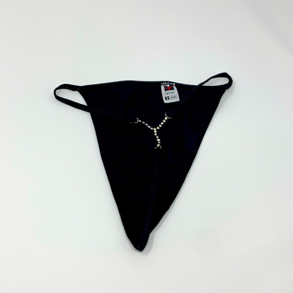 Vintage Black Satin Thong With Rhinestone Detail - Picture 1 of 4